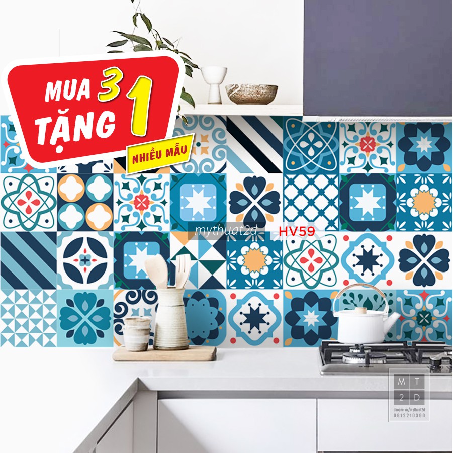 Decal gạch bông Mua 3 Tặng 1, dán bếp dán tường màu Color Blue, sét 32 ô 15x15cm