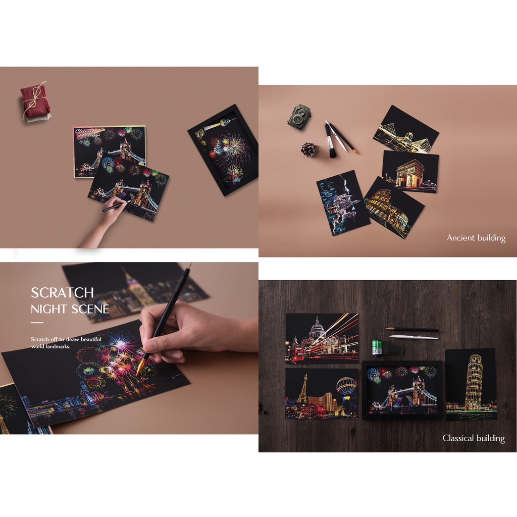 [Quà tặng] Tranh Cạo Bưu Thiếp 4 tấm khổ A5 - Color Night Scene Scratch 2022 - Tự làm một bức tranh decor, trang trí