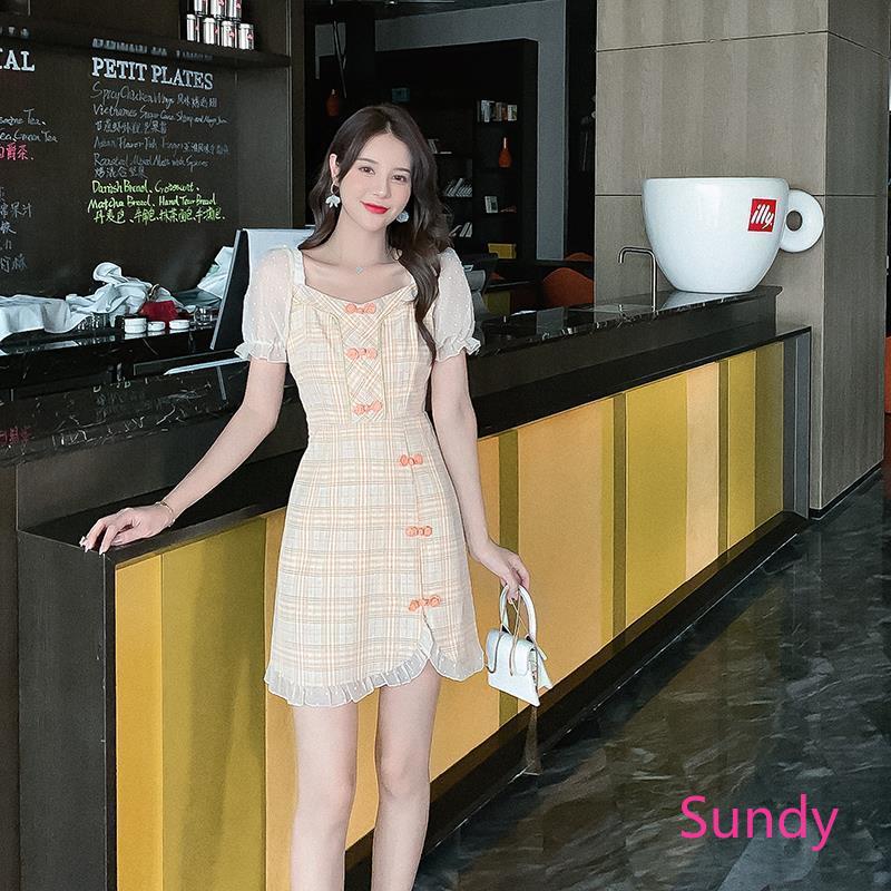 Váy Tay Ngắn Phối Lưới Phong Cách Retro Cho Nữ