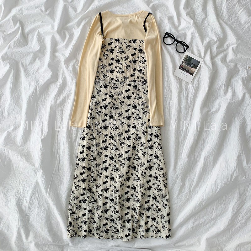 Set Váy Bánh Bèo Áo Thun Dài Tay Và Đầm 2 Dây Xẻ Tà Vintage