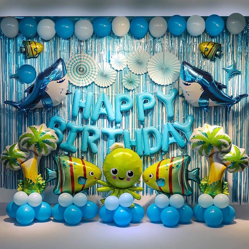 Set trang trí sinh nhật chủ đề đại dương xanh và các loài cá