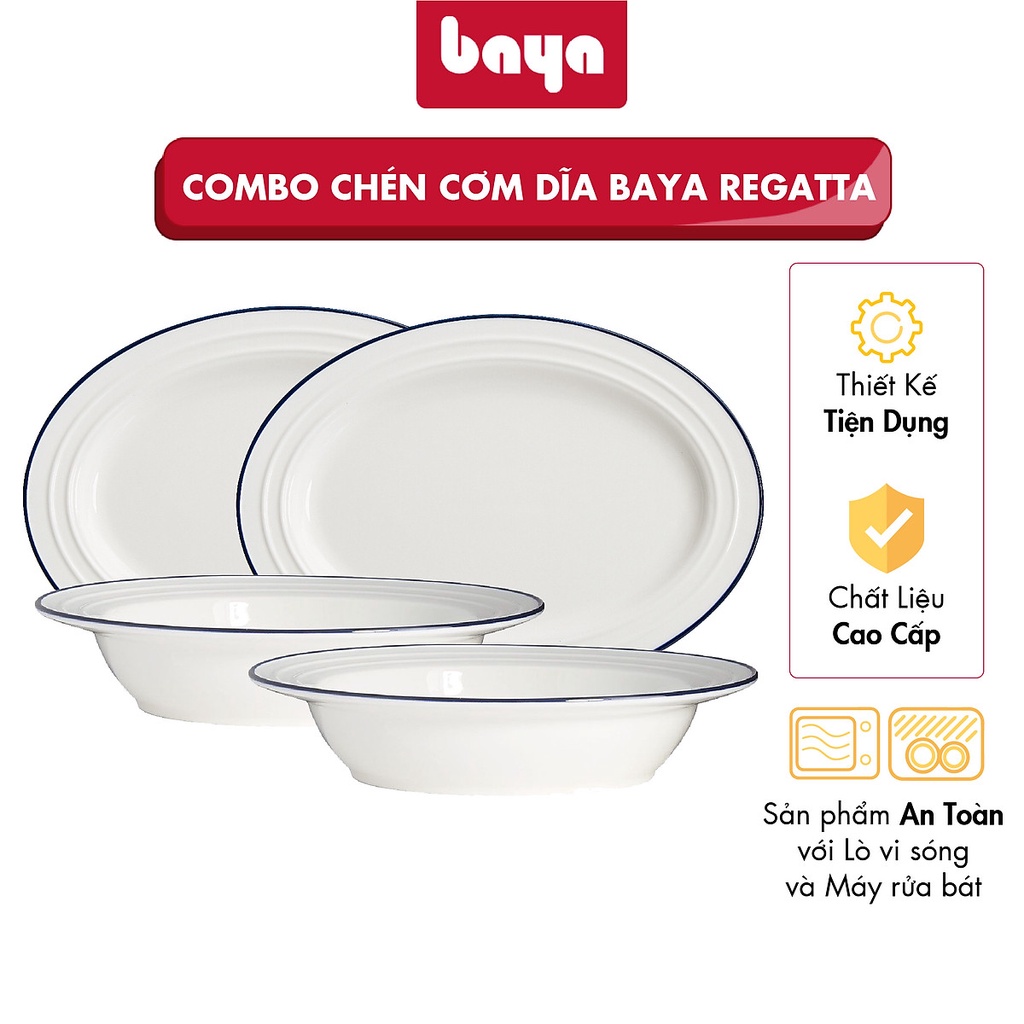 Đĩa Sứ Sâu Lòng BAYA REGATTA Có 2 Kích Cỡ Nhỏ Và Cỡ Lớn Tráng Men Bền Đẹp Viền Xanh Bóng Cao Cấp Phong Cách Hiện Đại