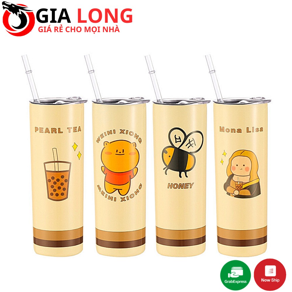Ly Giữ Nhiệt In Hình Cute Inox 304 Không Gỉ Tặng Kèm Ống Hút Có Nắp Đậy 650ml Sang Trọng - Giao Mẫu Ngẫu Nhiên