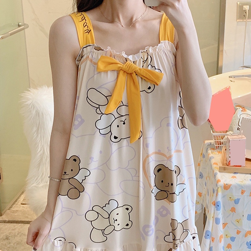 Brroa Đầm Ngủ Hai Dây Không Tay Phối Bèo In Họa Tiết Hoạt Hình Dễ Thương Thời Trang Mùa Hè Cho Nữ