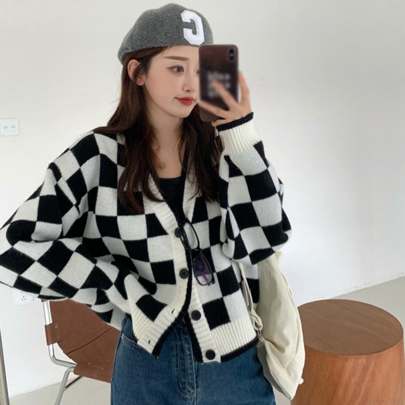Áo khoác cardigan cổ chữ v họa tiết kẻ sọc caro phong cách Hàn Quốc thời trang