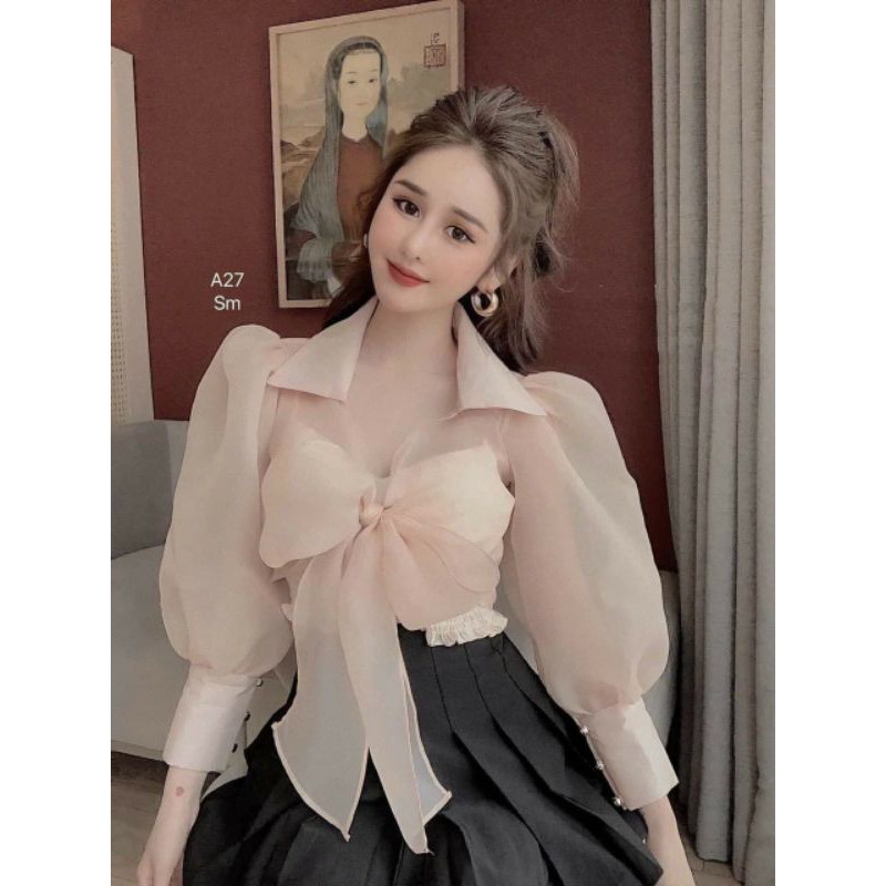 💋💋Set áo tơ hàn nơ ngực đính ngọc măng séc tay mix chân váy xếp li cạp có lót quần.😍😍