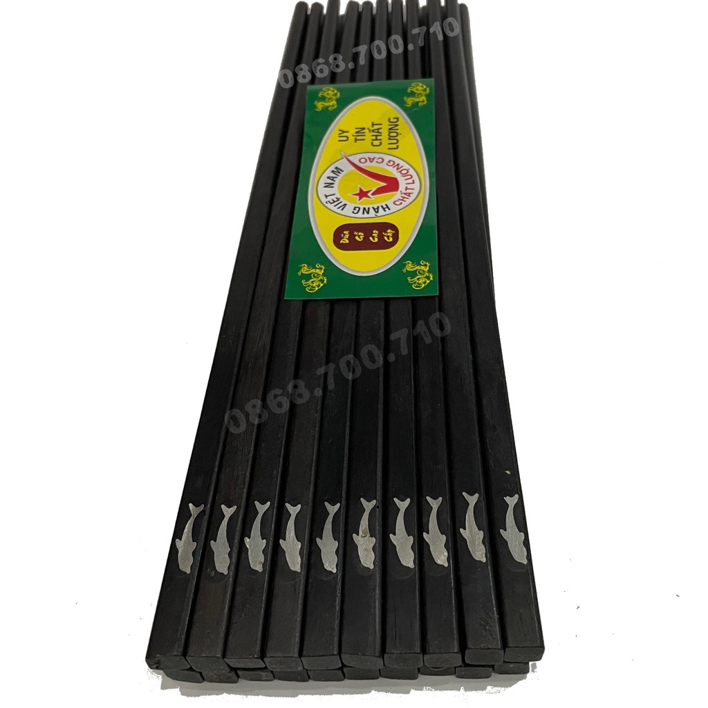 Bộ 10 đôi Đũa ăn gỗ Mun đầu vuông gắn họa tiết cá