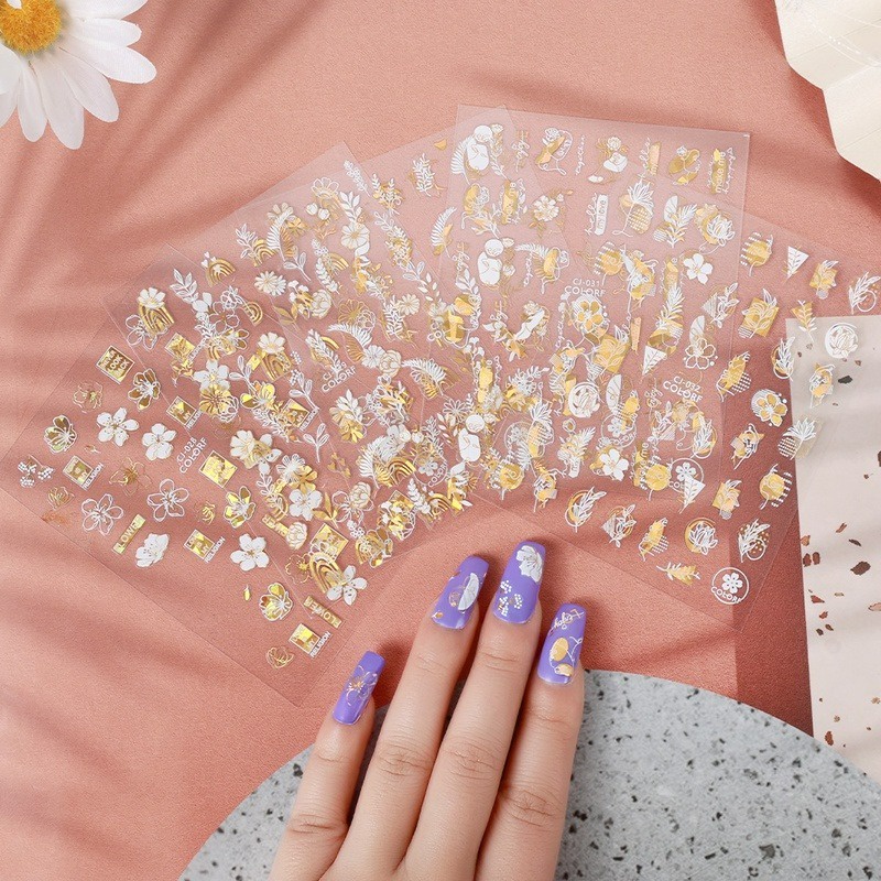 Miếng Dán Trang Trí Móng Tay 3D Hình Hoa Hồng/Lá Màu Vàng/Trắng/Vàng Kim Độc Đáo