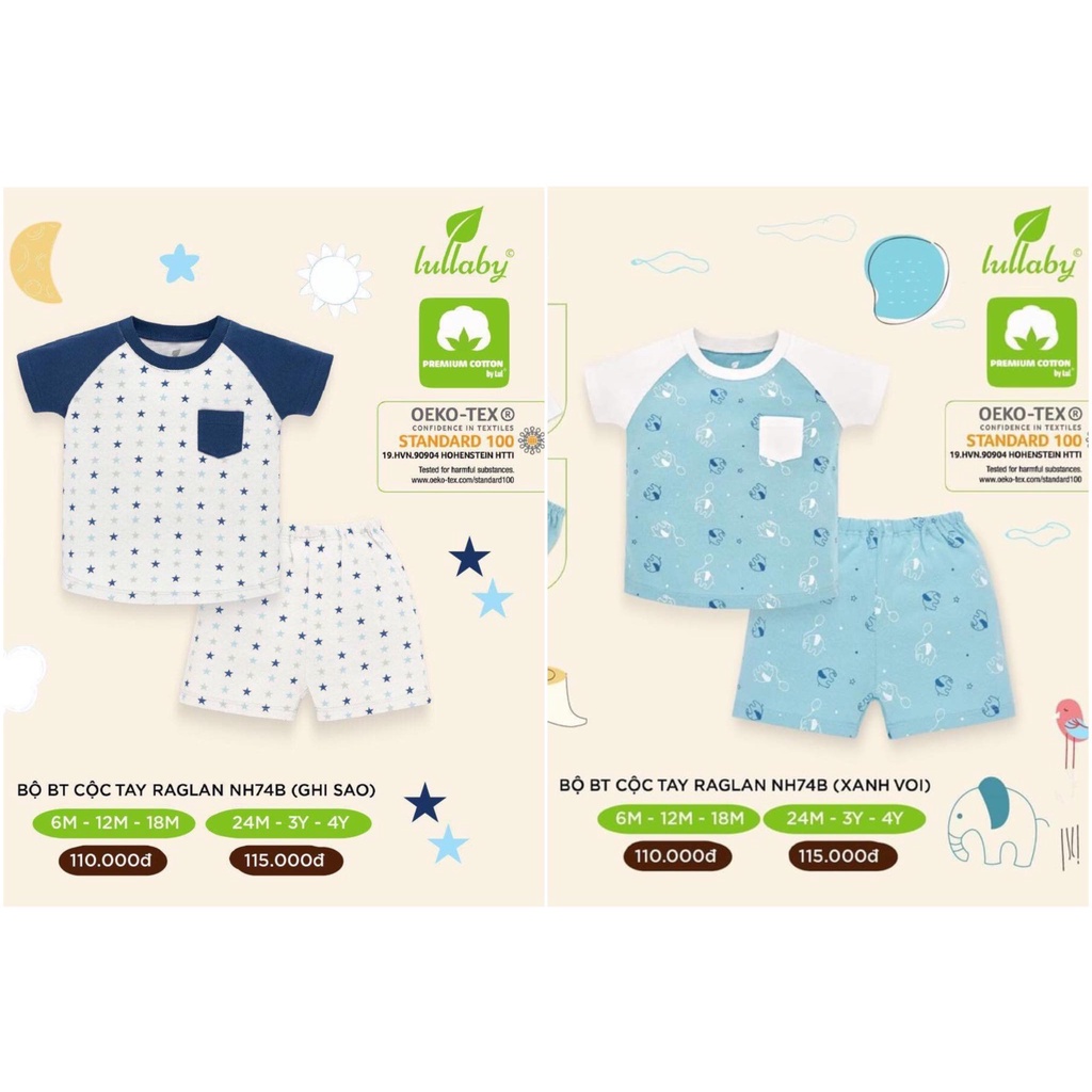 [CHÍNH HÃNG]Bộ quần áo cộc tay quần đùi vai raglan túi ngực cotton cao cấp Lullaby chính hãng