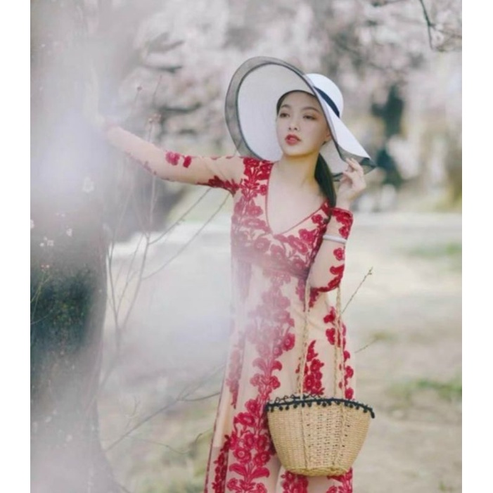 Mũ cói đi biển vành siêu rộng viền lưới cực sang chảnh