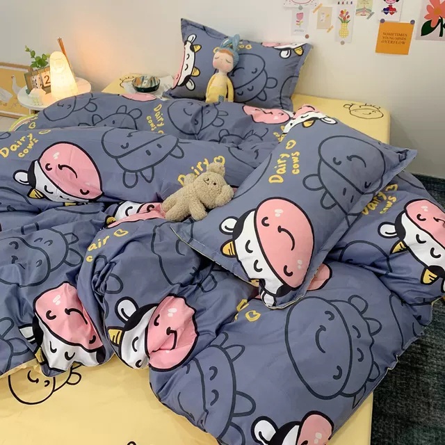 Bộ Ga Gối Poly Cotton Felicia Combo 5 Món Mẫu Bò Sữa Xám 1m2/m6/m8/2m2, 2 Gối + 1 Ga + 1 Vỏ Ôm + 1 Chăn
