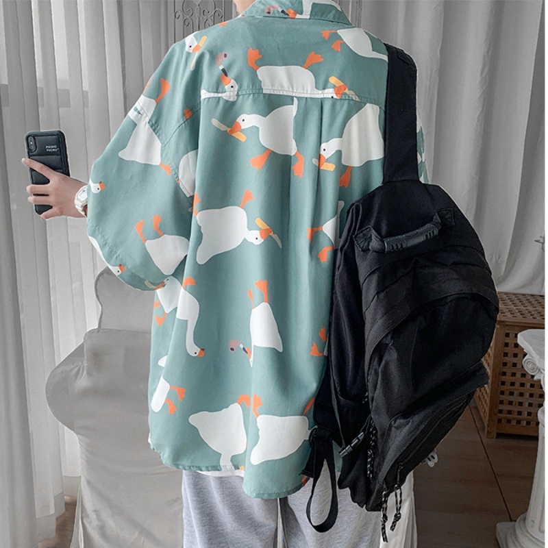 Áo Sơ Mi Tay Lửng Dáng Rộng In Hình Vịt Thời Trang Hàn Quốc Dành Cho Nam