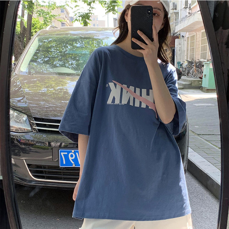 Retro American sapphire blue letter short sleeve t-shirt female 2021 summer new Korean loose half sleeve trendy clothes