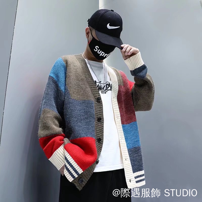 Áo khoác cardigan dáng rộng cổ chữ v màu sắc tương phản thời trang xuân thu Size M-5XL
