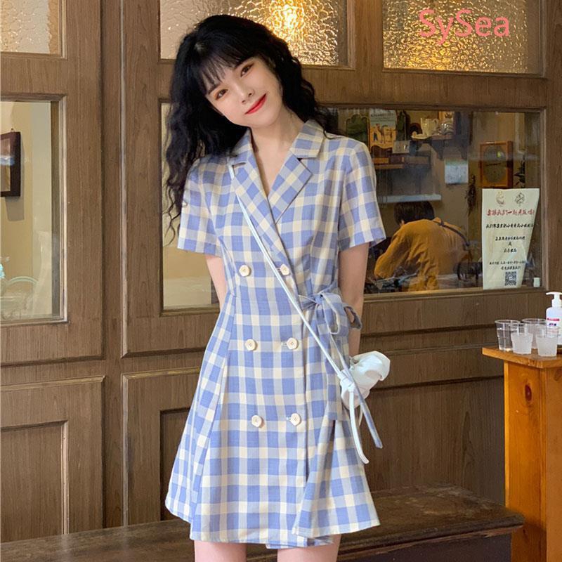 Đầm mini họa tiết caro màu xanh dương phong cách Hàn Quốc dễ thương cho bạn gái