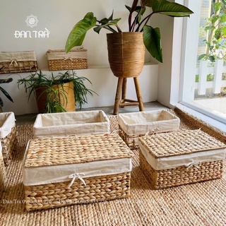 Khay lục bình lót vải có nắp, khay đựng đồ hàng loại 1 đan kỹ, khay đa dụng đựng đồ tự nhiên, nội thất mây tre đan