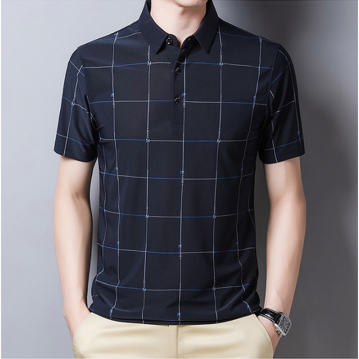 Áo Thun polo Tay Ngắn Dáng Ôm Vải Lụa Lạnh Mỏng Thoáng Khí In Họa Tiết Đơn Giản Thời Trang Cho Nam