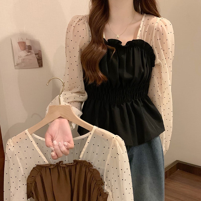 Áo Kiểu Dài Tay Cổ Vuông Họa Tiết Chấm Bi Thiết Kế Mới Thời Trang Mùa Thu Dành Cho Nữ