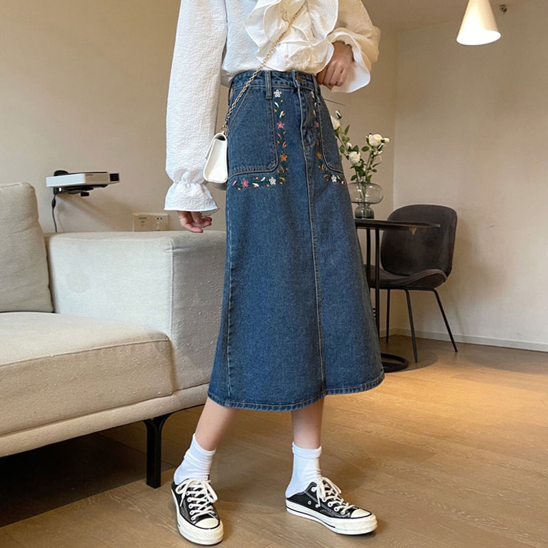 Chân váy jean Dáng Chữ A Lưng Cao Thêu Họa Tiết Thời Trang Mùa Hè Cho Nữ