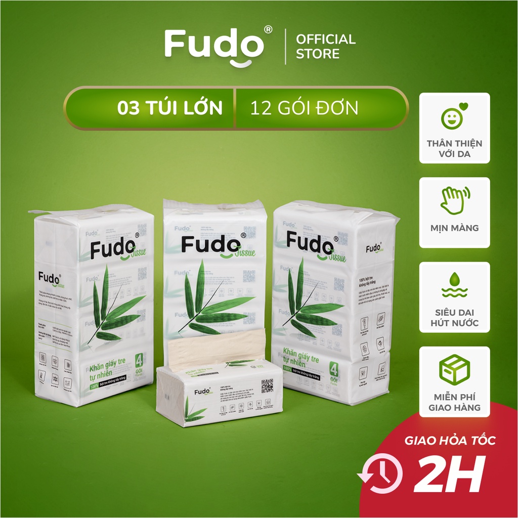 Combo 03 túi Khăn giấy rút cao cấp FUDO - 3 lớp giấy ăn mềm mịn từ bột tre nguyên chất (12 Gói)