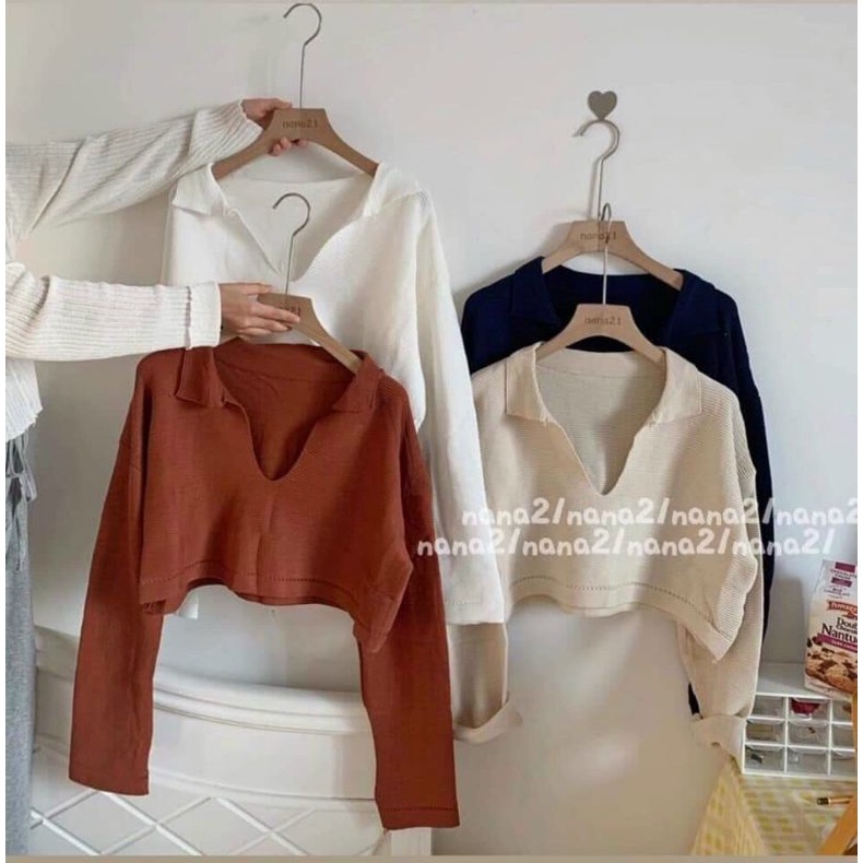 Áo len croptop cổ V hàng QC
