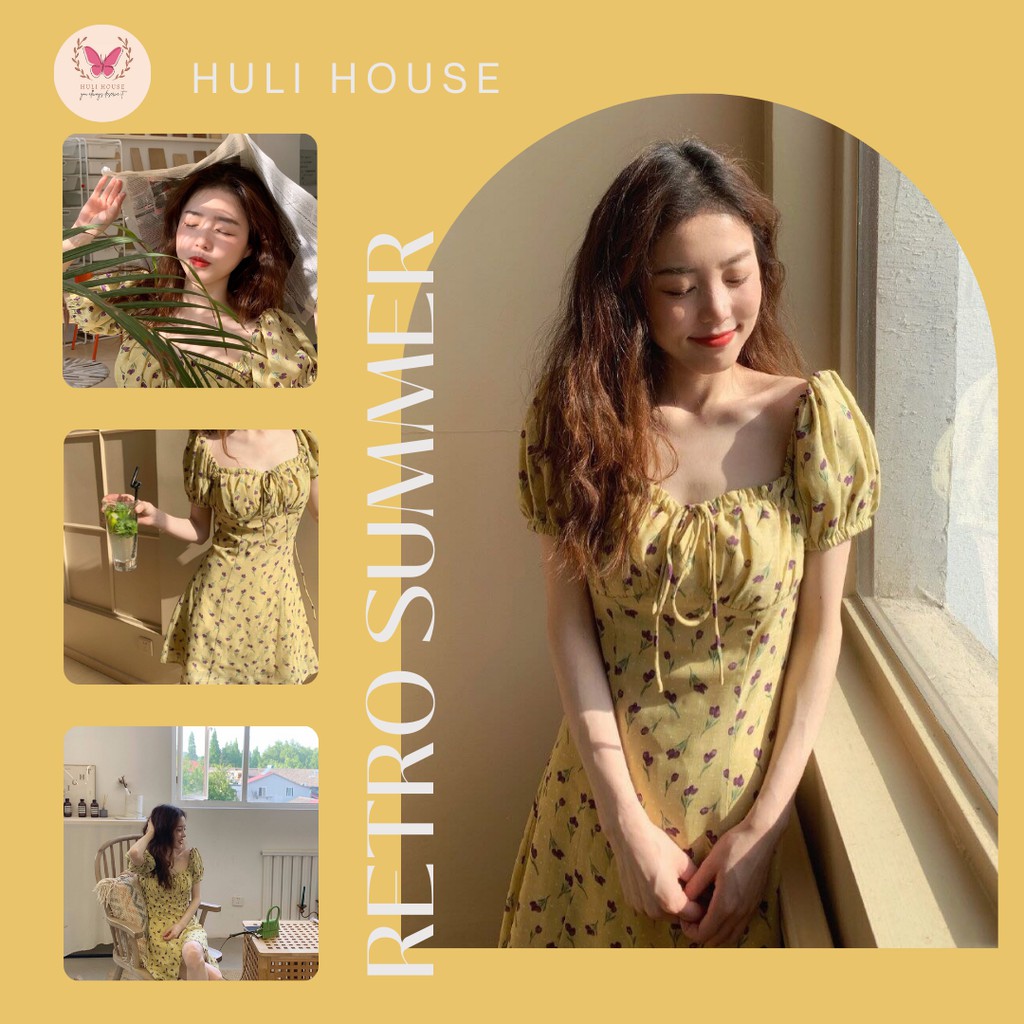 Váy đầm hoa nhí phong cách retro tay cộc thời trang huli house NV01