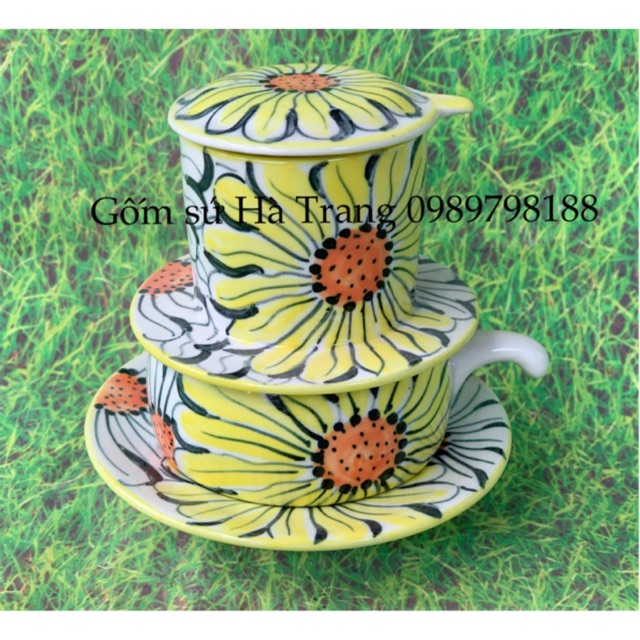 Phin pha cafe vẽ thủ công tinh tế hoạ tiết hoa hướng dương 3D gốm sứ Bát Tràng cao cấp