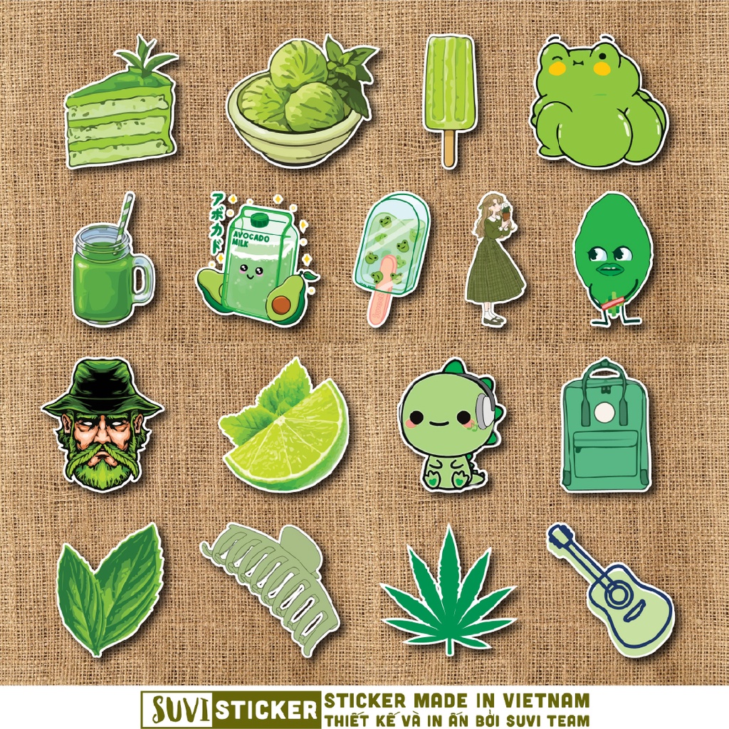 50 Sticker Green Xanh Lá chống nước sticker dán mũ bảo hiểm, laptop, điện thoại, đàn guitar, vali. MSP: NS64