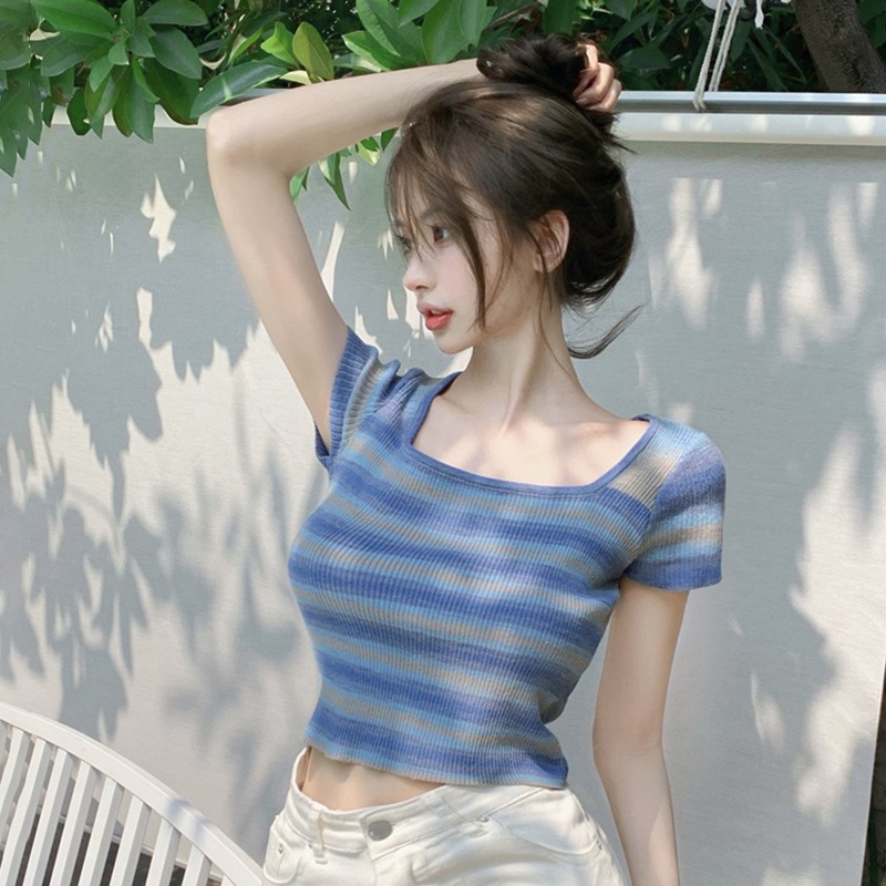 Áo Thun Ngắn Tay Cổ Vuông Họa Tiết Kẻ Sọc Phong Cách Hàn Quốc Cho Nữ