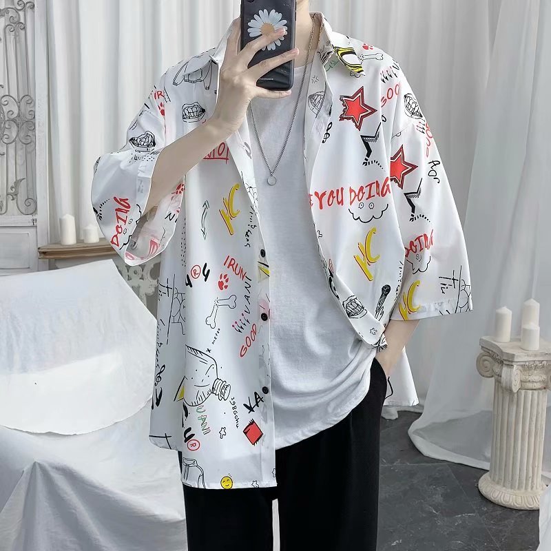 Áo sơ mi tay ngắn in hoạt hình trẻ trung cho nam