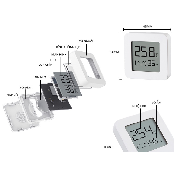 Nhiệt ẩm kế điện tử Xiaomi Mijia Gen 2 - Đồng hồ đo nhiệt độ và độ ẩm Xiaomi Gen 2- Có chế độ trẻ em, Tuổi thọ pin 3 năm