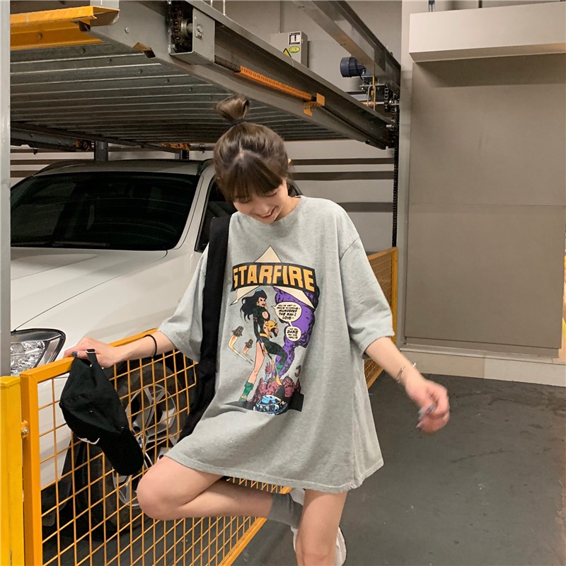 Áo thun ngắn tay họa tiết hoạt hình dễ thương dáng rộng phong cách Hàn Quốc cho nữ