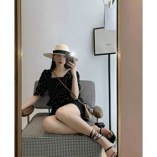 Set áo chấm bi nhún quần đen