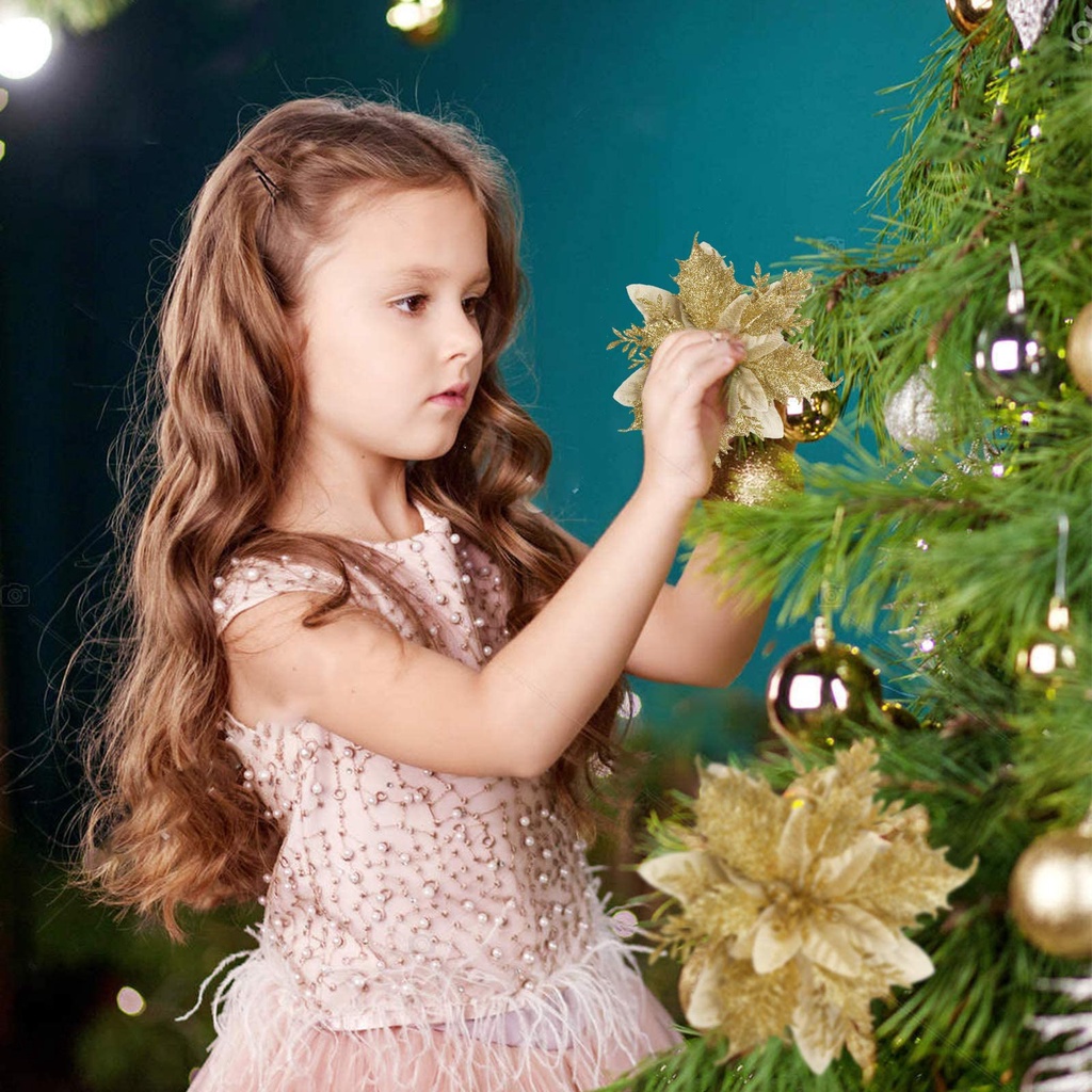 Set 5 Bông Hoa Giả Khoét Rỗng Lấp Lánh Trang Trí Giáng Sinh / Năm Mới