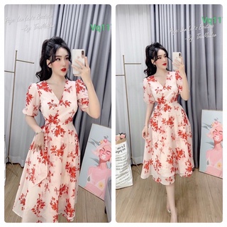 Váy đầm dự tiệc dáng xoè voan hoa hai lớp có ảnh thật