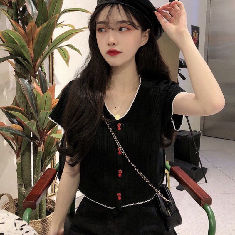 Áo croptop nữ tay ngắn cổ chữ V thanh lịch, phong cách Hàn Quốc