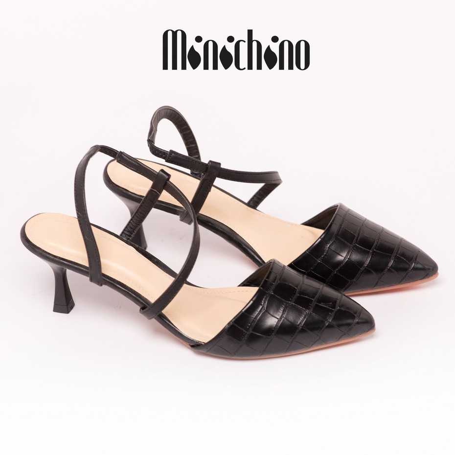 Giày sandal nữ gót cao 6cm MINICHINO giày cao gót nữ mũi nhọn phối dây hở gót, da kiểu vân trúc màu đen TC057