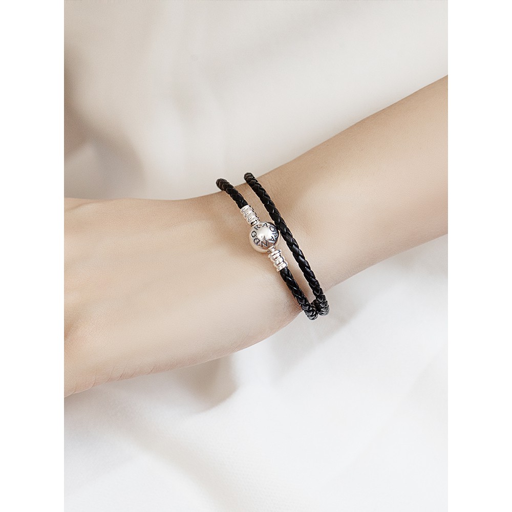 Pandora Vòng Tay Da Bạc 925 Đính Hạt Tròn Thời Trang