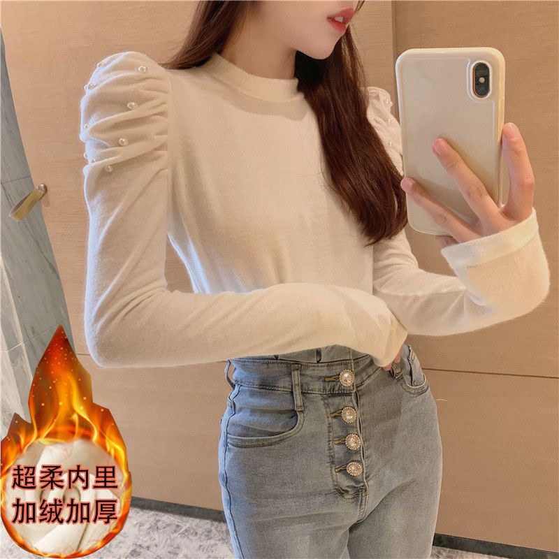 Áo Nhung Lông Cừu Tay Dài Phồng Cổ Tròn Dáng Ôm Ấm Áp Xinh Xắn Kiểu Hàn Quốc