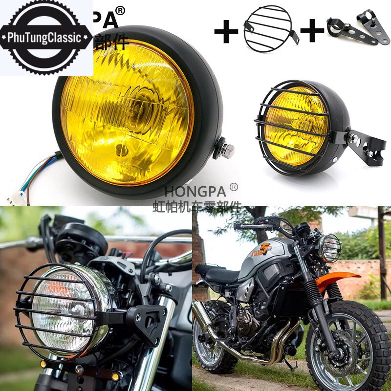 Combo kính chắn gió kèm lưới ngoài bảo vệ đèn pha xe máy, độ classic, cafe racer...