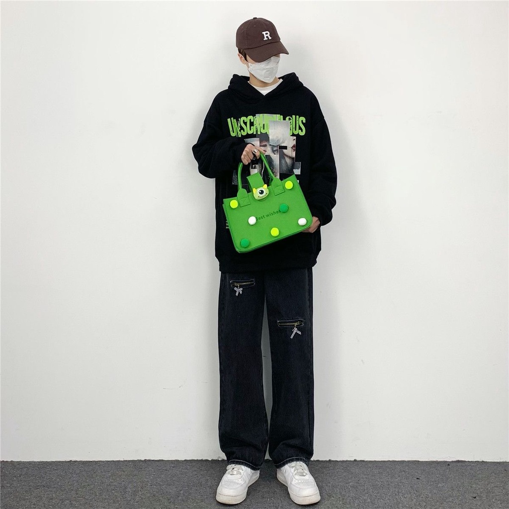 Quần Jeans Đen Dài Ống Đứng Có Khóa Kéo Phong Cách Hip Hop Đường Phố