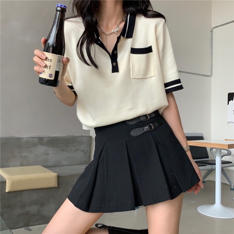 Áo len dệt kim nữ FM Style cổ tròn tay ngắn Hàn Quốc có cổ