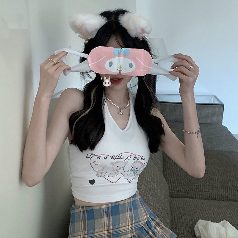 Jiashucheng Áo Thun Dệt Kim Không Tay Cổ Yếm Màu Trắng Phong Cách Âu Mỹ Cho Nữ