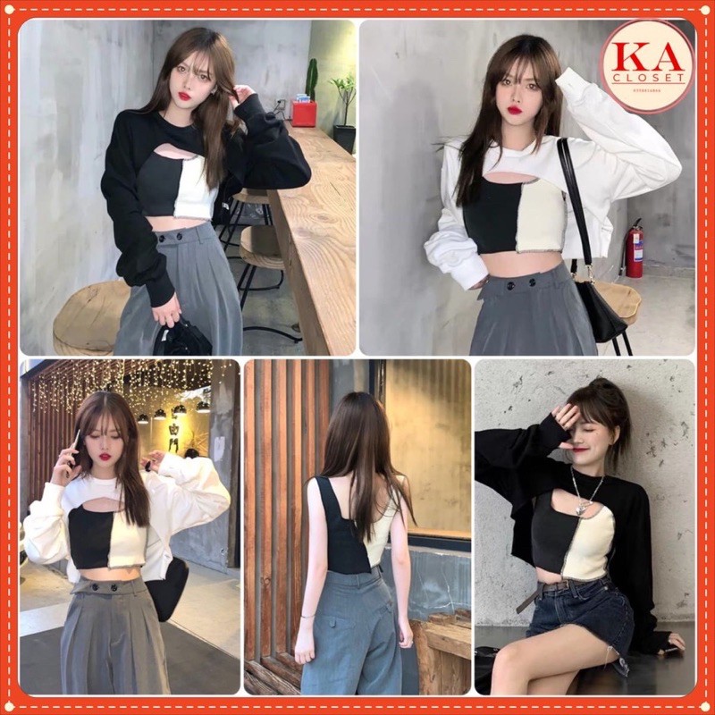 [SIEU SALE] Set Áo Croptop KA Closet 2 món áo ngoài + áo trong mặc được 2 kiểu chất zip cotton dầy mịn co dãn mềm