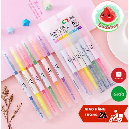 Set 6 bút dạ quang Highlight hai đầu 2 màu dễ thương Duashop