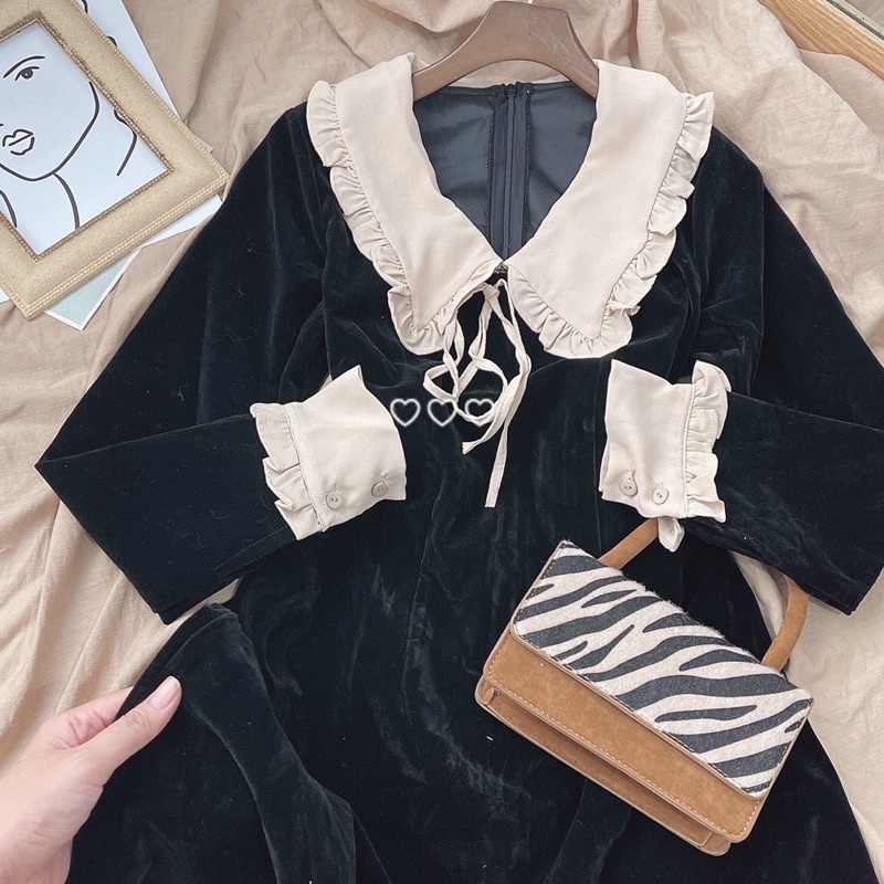 ĐẦM NHUNG ĐEN TD CỔ KEM