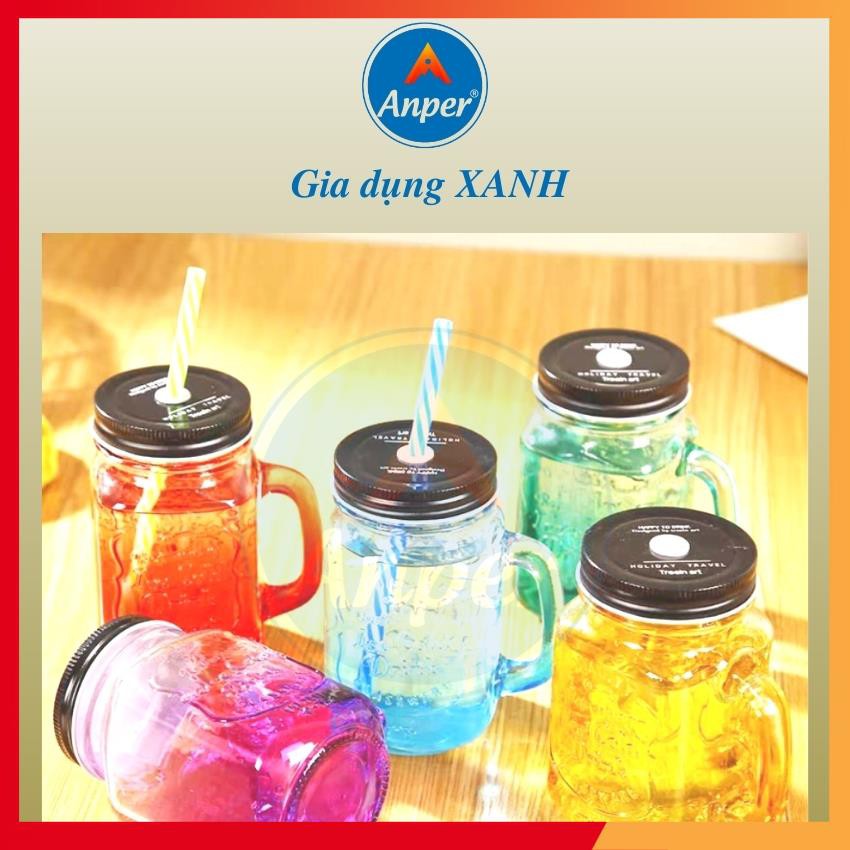 Ly Thủy Tinh Anper 450ml Có Hình Đẹp Cao Cấp Sang Trọng Cốc 4 Cạnh Dễ Thương Có Quai Có Nắp Ly Sinh Tố Đẹp !