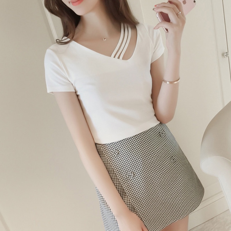 NRVP Áo thun dáng ôm tay ngắn cổ tròn thời trang mùa hè phong cách Hàn Quốc cho nữ