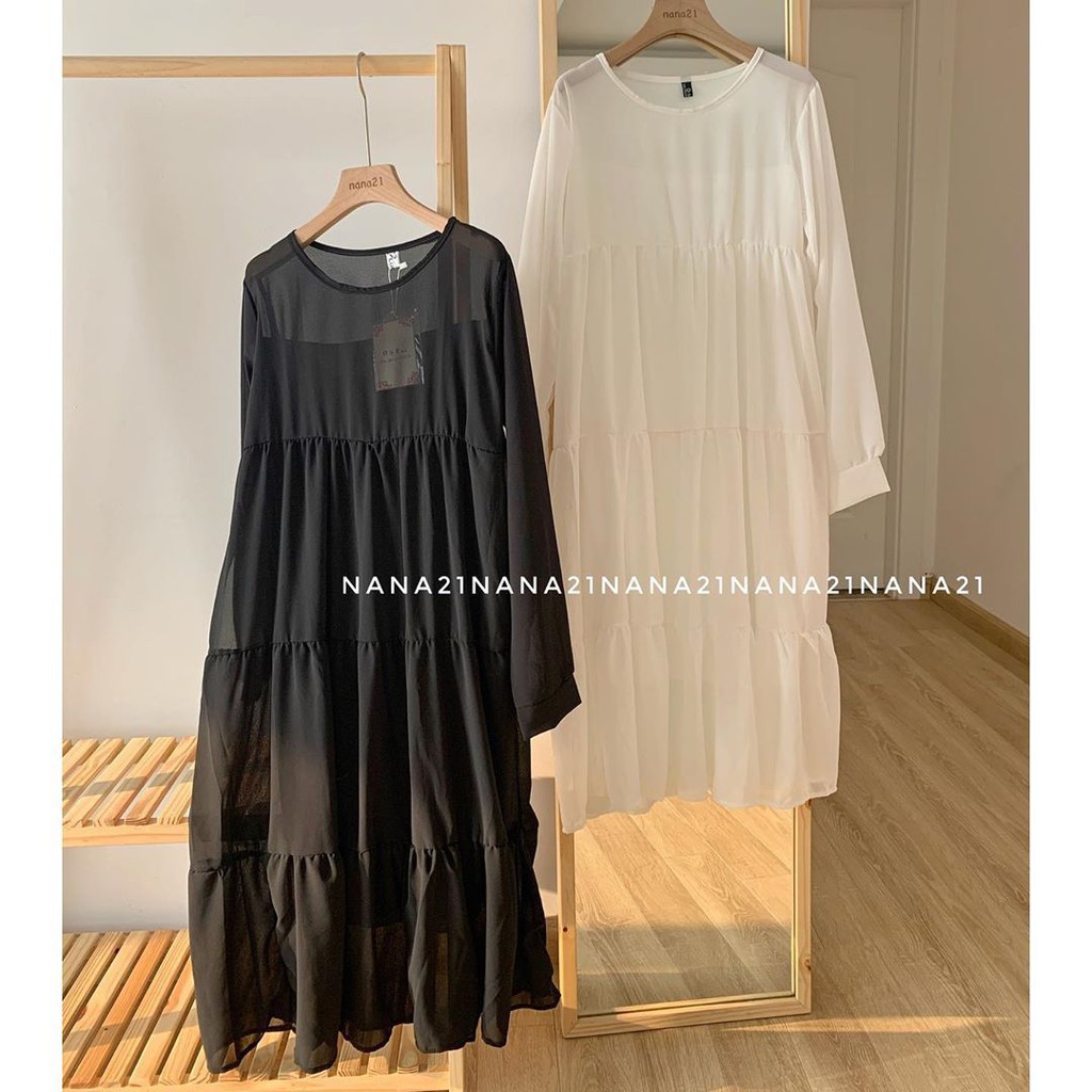 VÁY BABYDOLL VOAN XẾP TẦNG TAY CHUN 2 LỚP - ĐẦM TRẮNG ĐEN DÀI CÔNG CHÚA - Sp sẵn