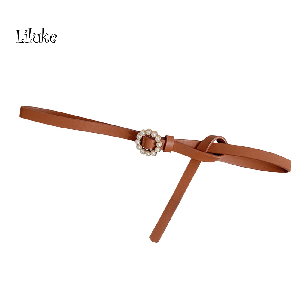 Thắt Lưng Dây Mảnh Giả Da Trang Trí Khóa Tròn Đính Ngọc Trai Xinh Xắn